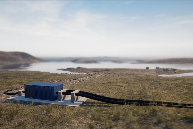 3D render of a blue pump station building on a Hudson Bay shoreline, pipes running from it across low tundra to the water
