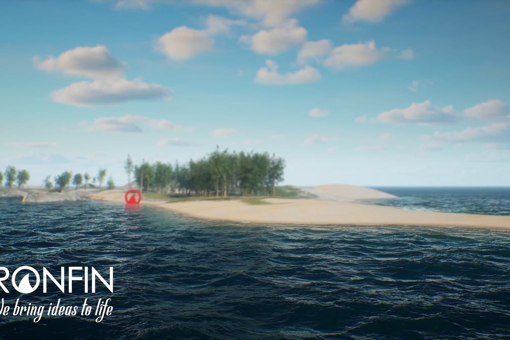 Simulated water around a sand spit, with trees on the point beyond