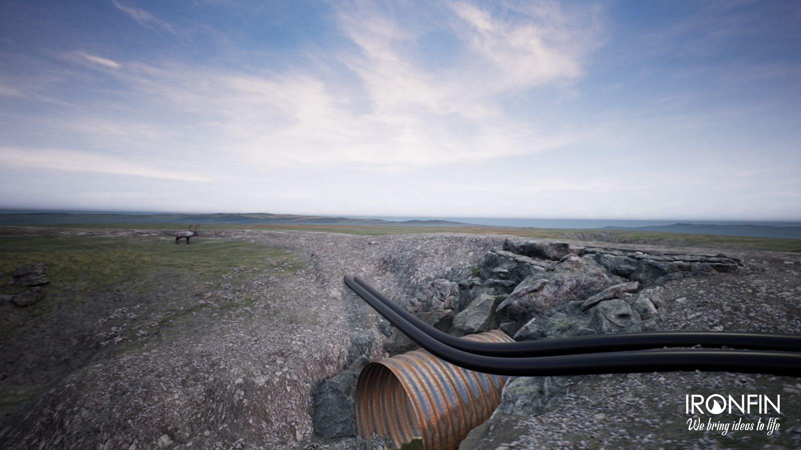 3D render of a corrugated culvert discharging beneath a rock embankment on open tundra, with a caribou in the distance