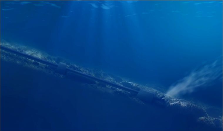 3D render of a pipeline running along the ocean floor into blue water, light shafts falling through the surface above it