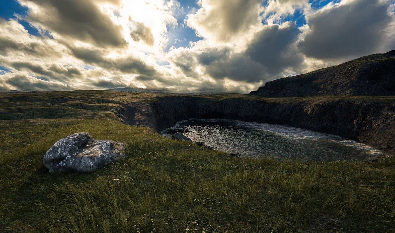 Reclaimed waste rock storage facility rendered in 3D, grassed slopes running down to a water body held in a rock basin under heavy cloud