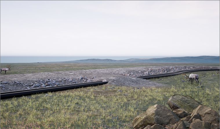 3D render of a road and a large pipeline running side by side across open tundra, with a caribou standing on the ground beside them