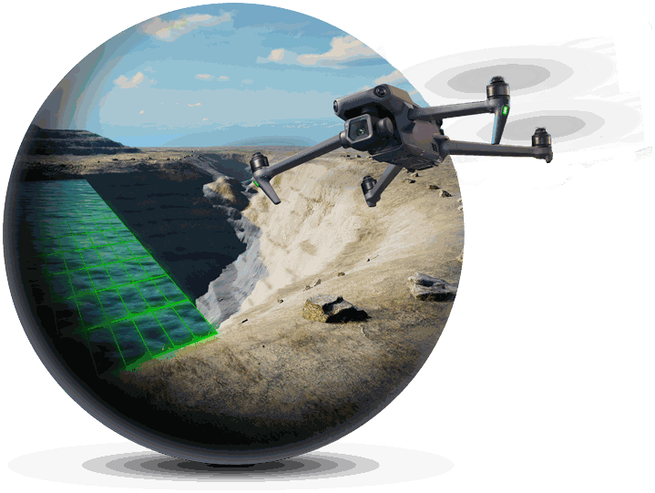 Drone flying over a pit wall, the scanned surface picked out beneath it as a grid of survey points