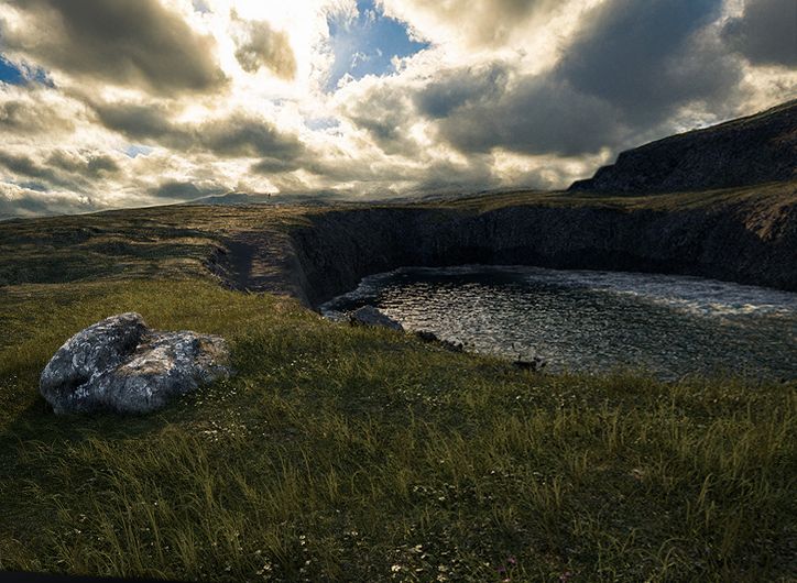 3D render of a mine pit partly filled with water under heavy cloud, regraded slopes running down to the water line