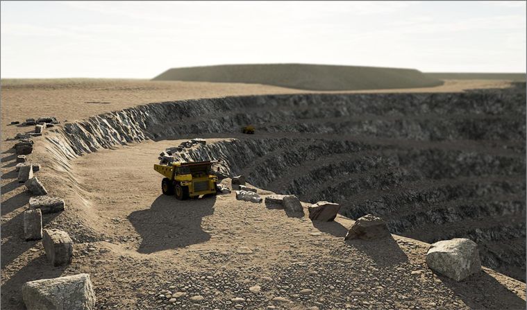 3D render of an open-pit mine bench with a haul truck at the pit floor, showing the scale of the excavation against the surrounding tundra