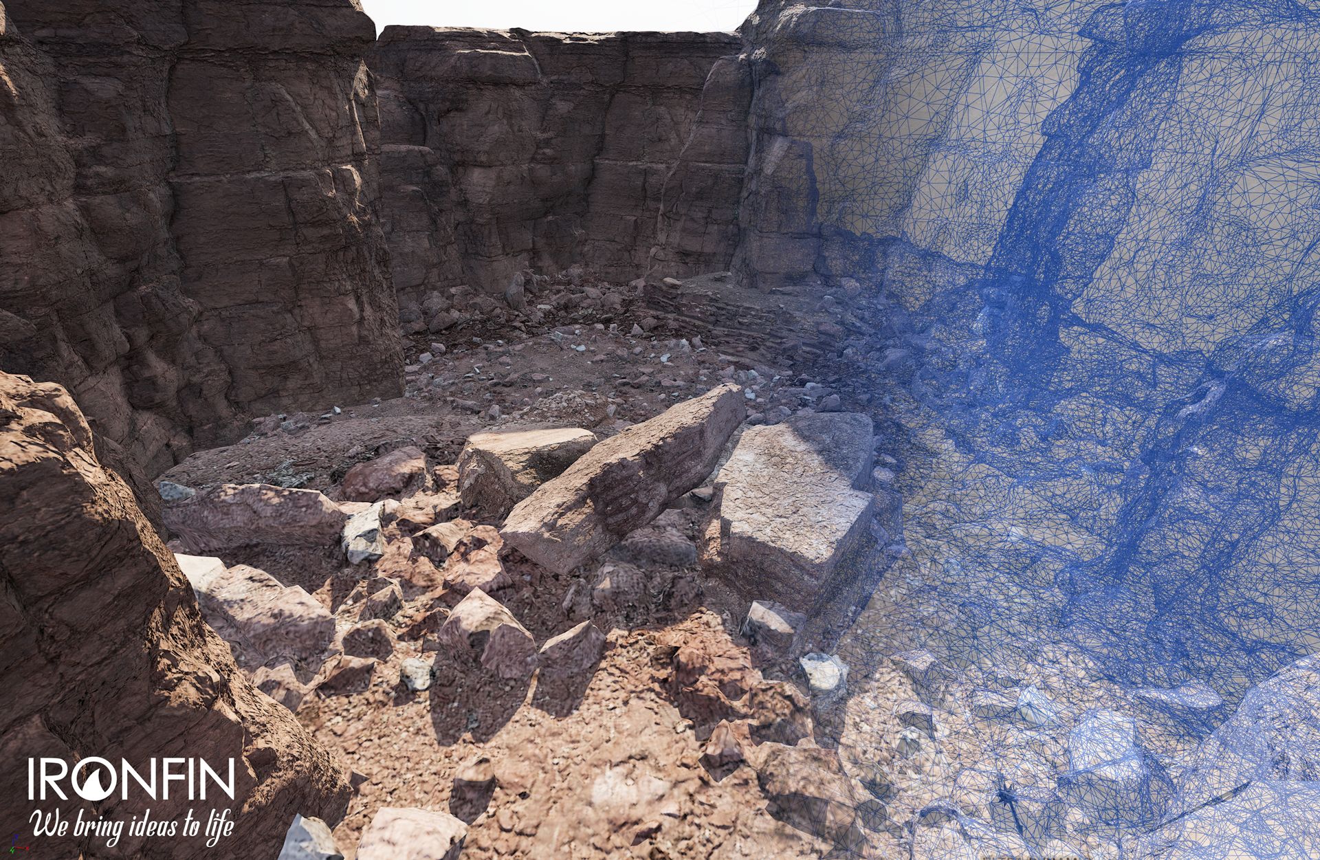Photogrammetry model of a rock face inside a pit, with the survey wireframe visible over the right-hand half of the wall