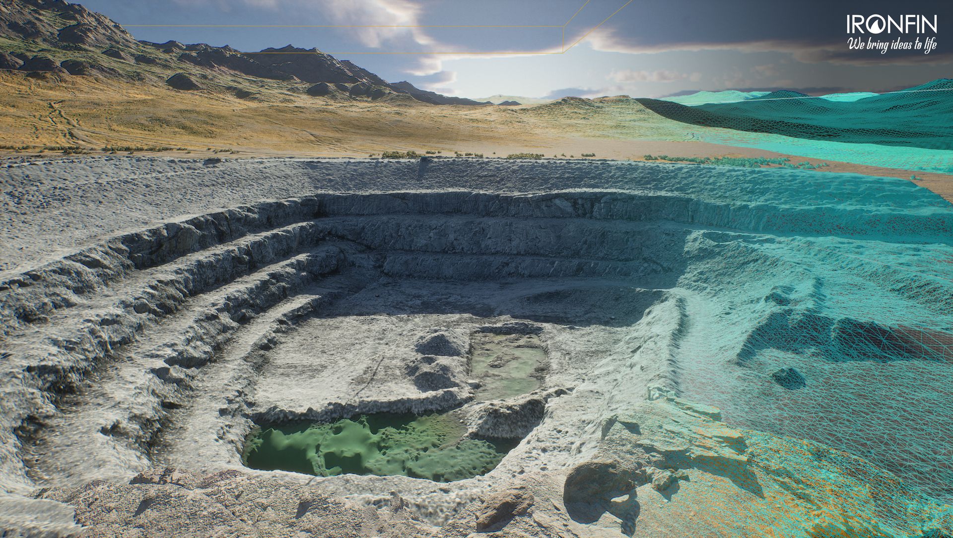 3D render of an open-pit mine with benched walls, the pit partly filled with water and a survey mesh overlaid across the far slope