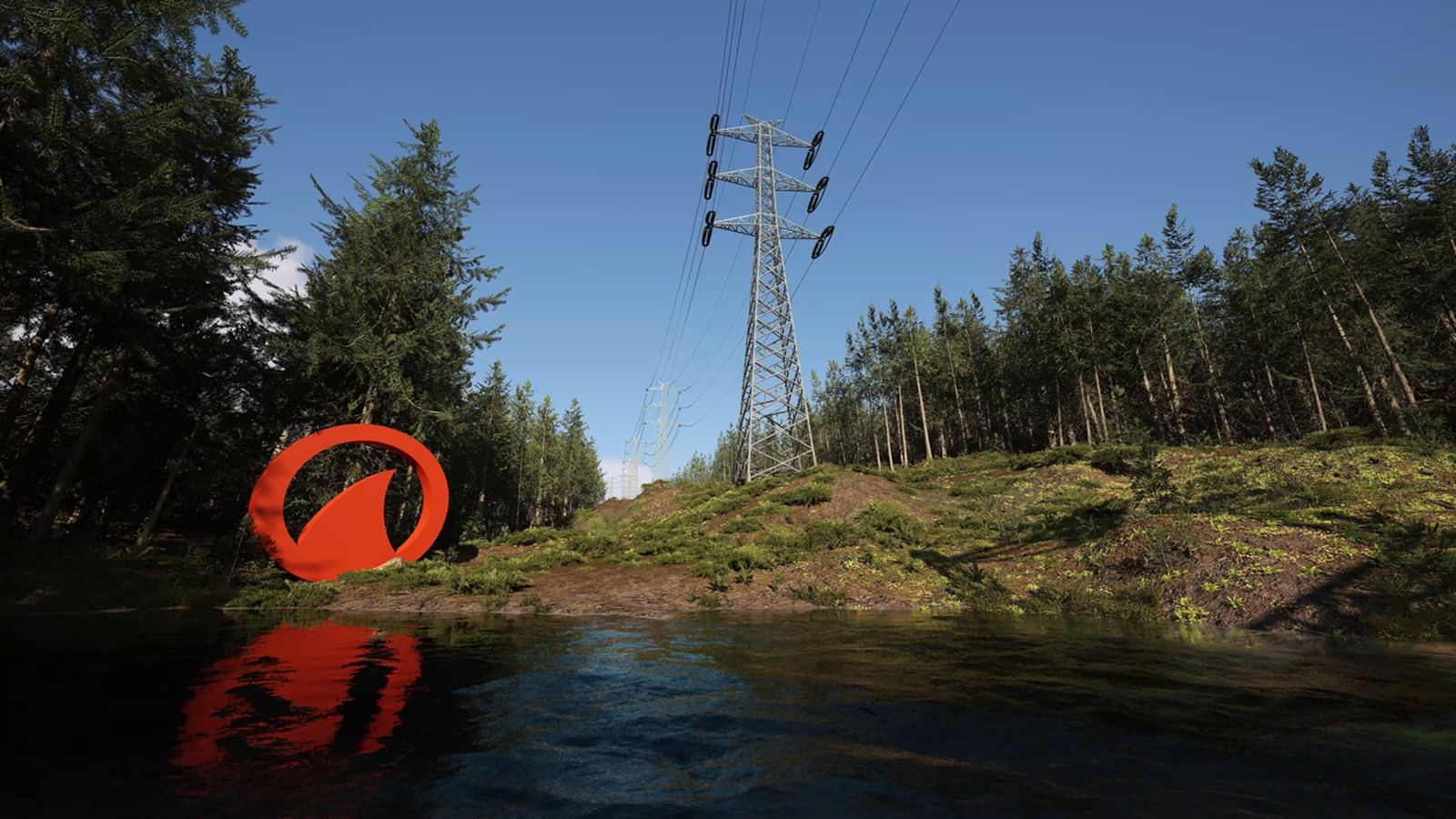 3D flyover of a proposed transmission corridor crossing forest and water