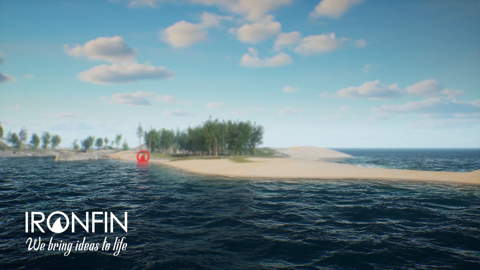 Simulated water around a sand spit, with trees on the point beyond