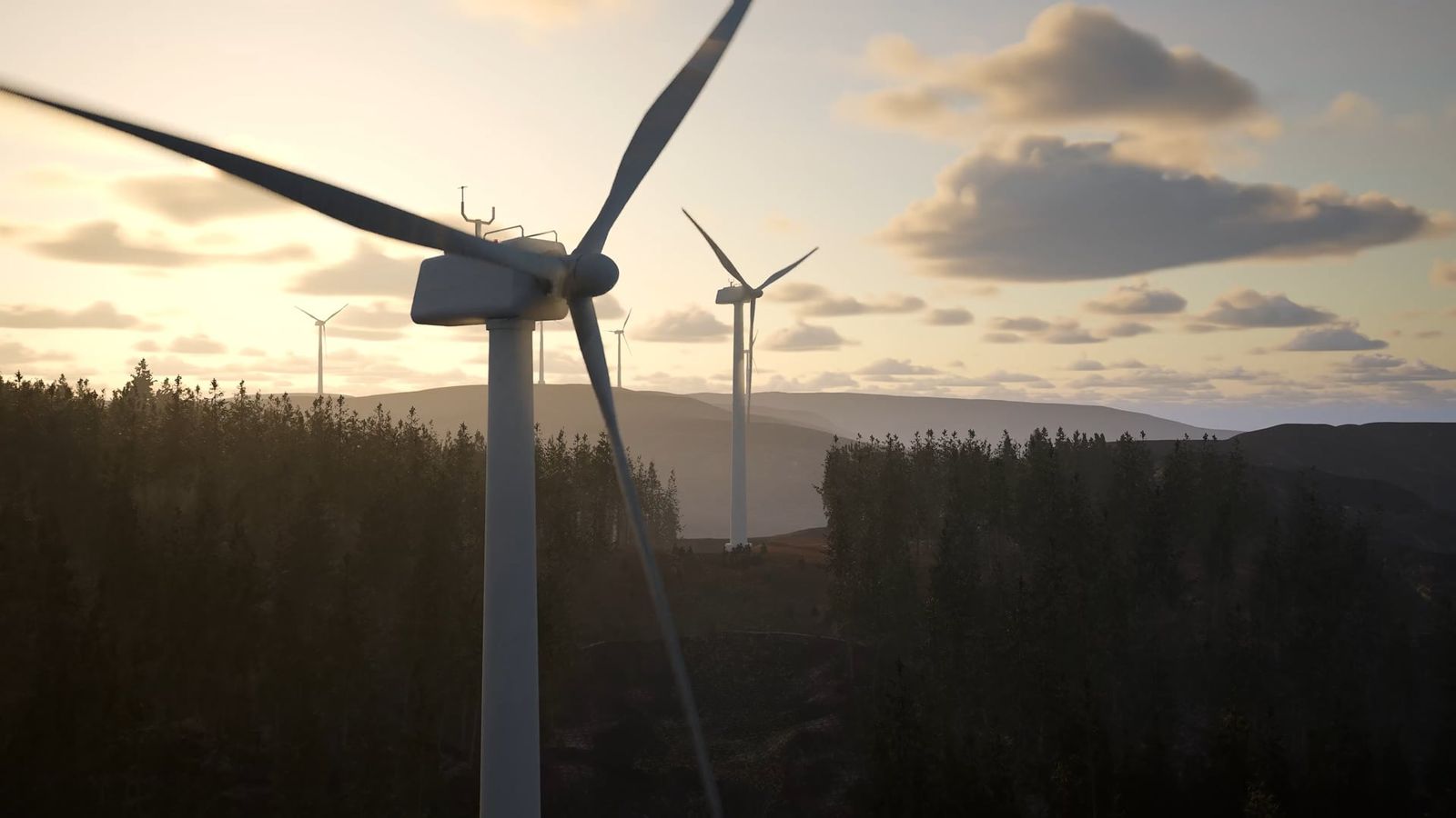 Proposed wind turbine on a forested ridge at sunset, with more turbines behind it