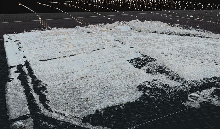 Dense white point cloud of the same property, structures and field edges readable in the point data