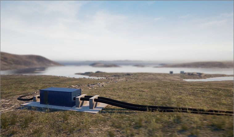 3D render of a blue pump station building on a Hudson Bay shoreline, pipes running from it across low tundra to the water