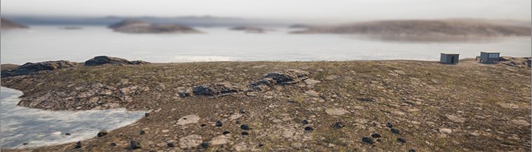 Wide 3D render of the shoreline site, the pump station small against the expanse of rock, water and low vegetation