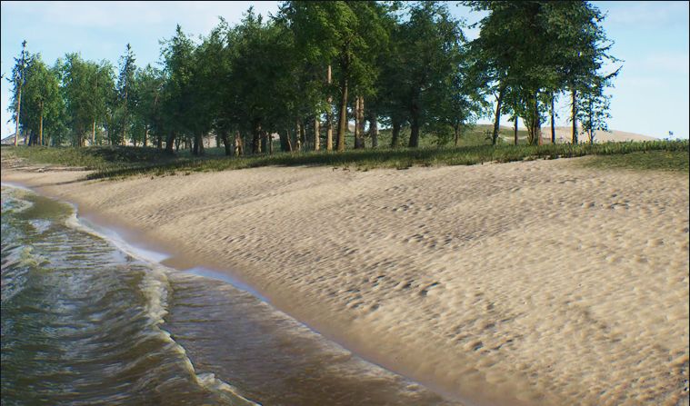 Simulated water washing over a sand spit with trees behind it, wave detail resolved at the waterline